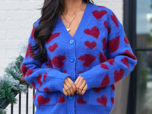 Frances Blue And Red Heart Cardigan