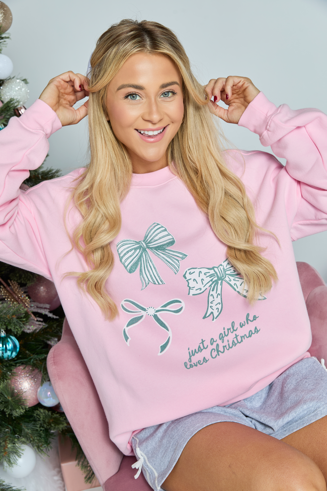 Just A Girl Who Loves Christmas Light Pink Graphic Sweatshirt - Image 3