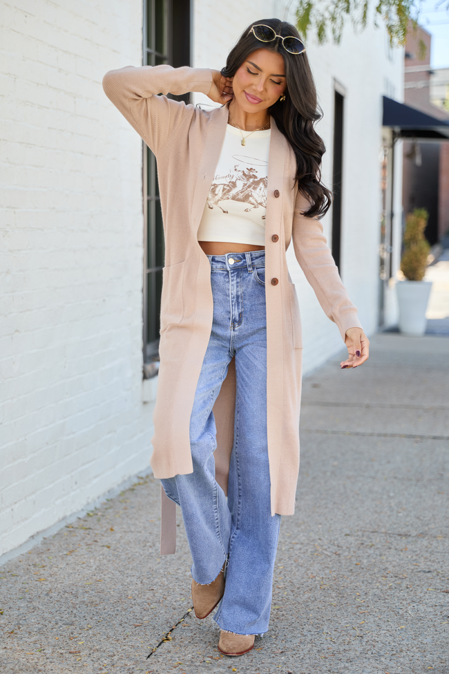 Norah Taupe Button Down With Tie Long Cardigan - Image 2