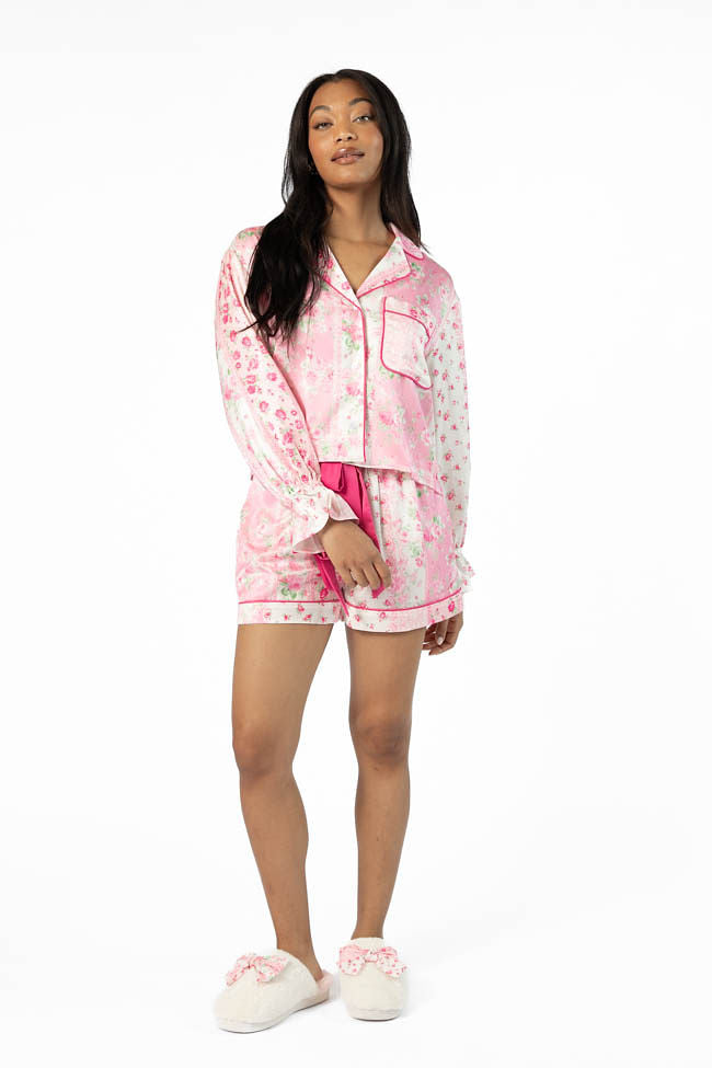 Dont Wake Me Up Pink Multi Floral Long Sleeve Satin Pajama Top FINAL SALE - Image 3