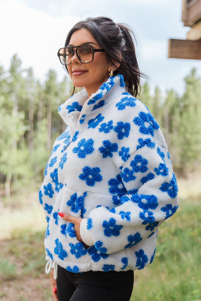 Playing For Keeps Blue and Ivory Floral Print Sherpa Pullover FINAL SALE - Image 4