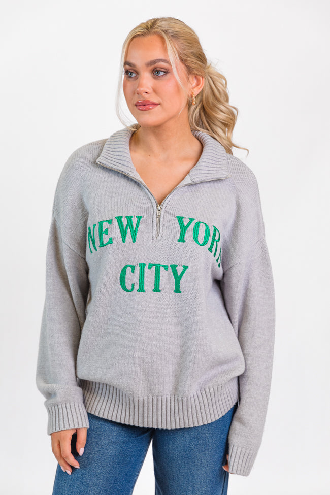 Roll With It Grey and Green New York Embroidered Quarter Zip Sweater FINAL SALE - Image 3