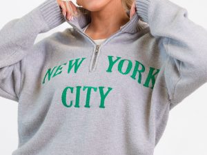 Roll With It Grey and Green New York Embroidered Quarter Zip Sweater FINAL SALE