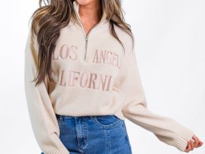 Roll With It Beige Los Angeles Embroidered Quarter Zip Sweater FINAL SALE