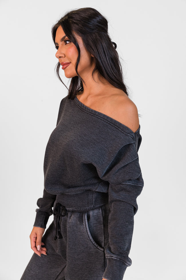 Learn As You Go Black Acid Washed Off The Shoulder Sweatshirt DOORBUSTER - Image 7