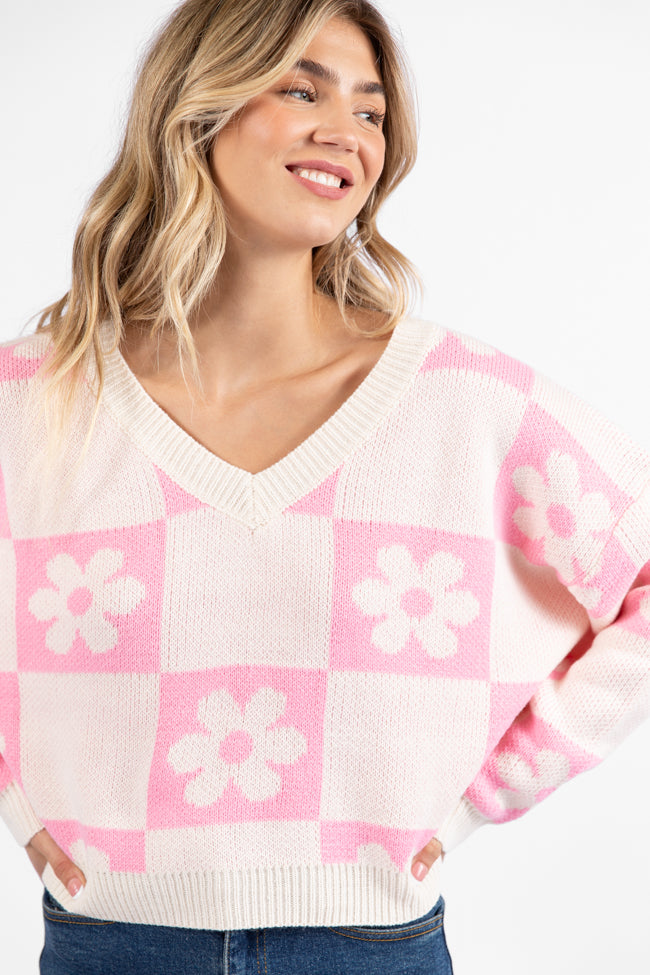 Found A New Way Pink V-Neck Checkered Flower Sweater FINAL SALE - Image 3