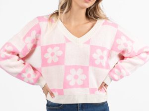 Found A New Way Pink V-Neck Checkered Flower Sweater FINAL SALE