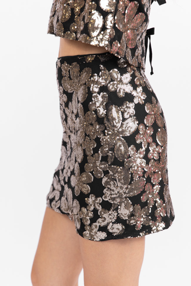 A Heart Of Gold Black Floral Print Sequin Mini Skirt FINAL SALE - Image 4