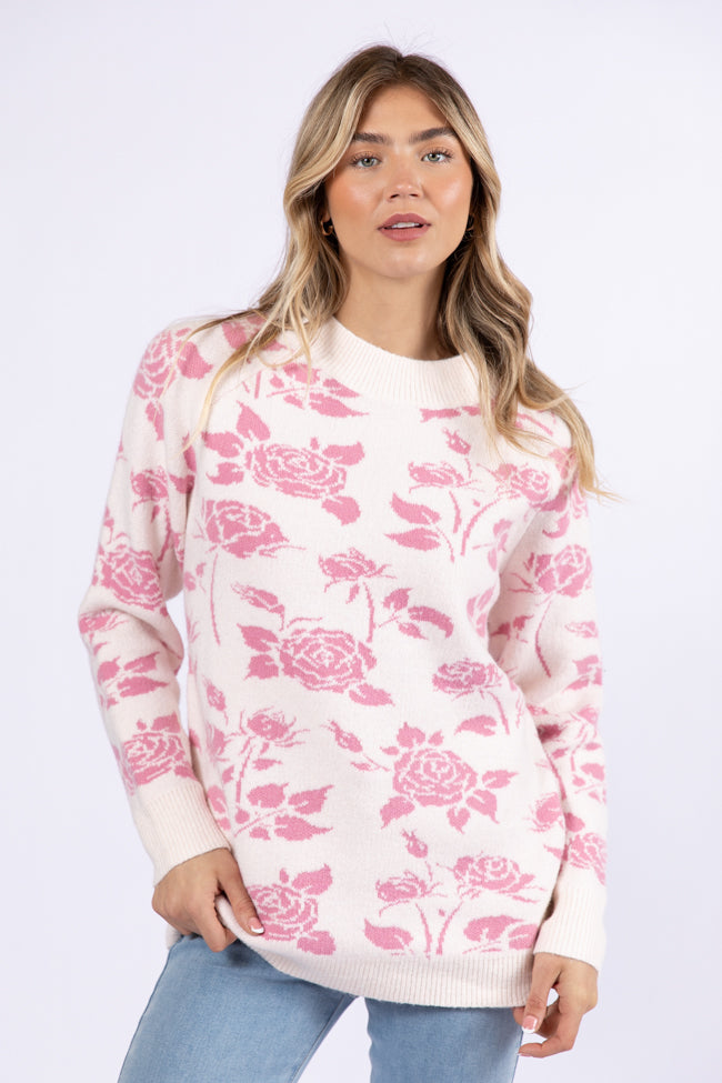 Feeling Like Love Ivory and Pink Floral Crew Neck Sweater FINAL SALE