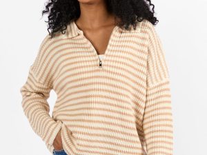 Bayside Breeze Ivory and Tan Stripe Quarter Zip Pullover Sweater FINAL SALE