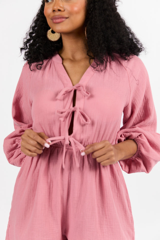 Endless Sunshine Pink Tie Front Long Sleeve Romper FINAL SALE - Image 6