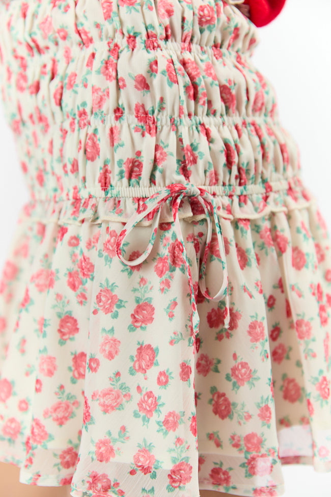 Cross My Path Ivory and Red Drop Smocked Waist Mini Skort FINAL SALE - Image 5