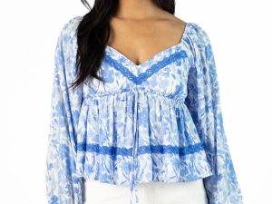 In My Dreams Blue Lace Trim Floral Blouse FINAL SALE