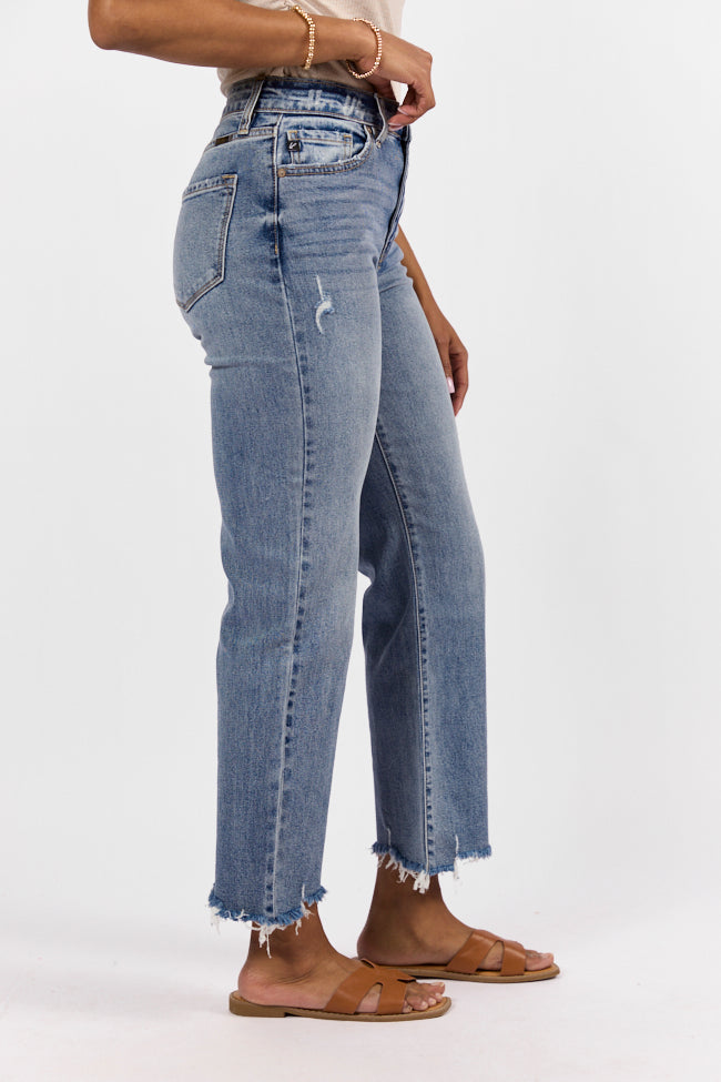 Briauna Light Wash Distressed Hem Ankle Length Wide Leg Jeans FINAL SALE - Image 3