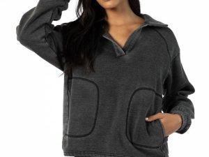 Learn As You Go Black Acid Wash Collared Pullover FINAL SALE