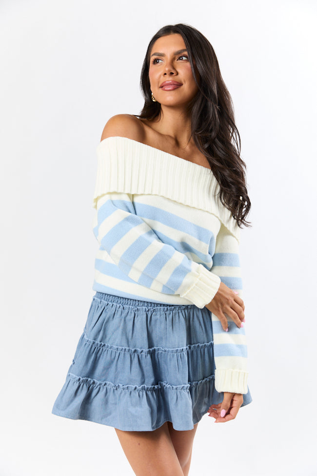 Undertow Feelings Ivory and Blue Striped Off The Shoulder Sweater FINAL SALE - Image 5