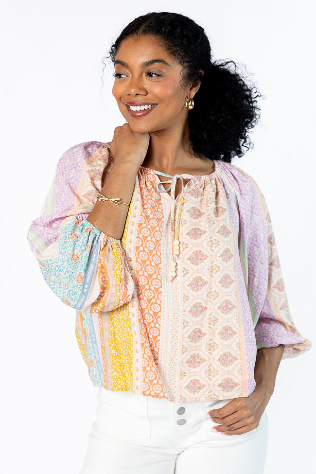 Come Along Multi Floral Patch Print Woven Pop Over Blouse FINAL SALE