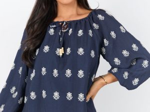 Come Along Navy Embroidered Woven Pop Over Blouse FINAL SALE