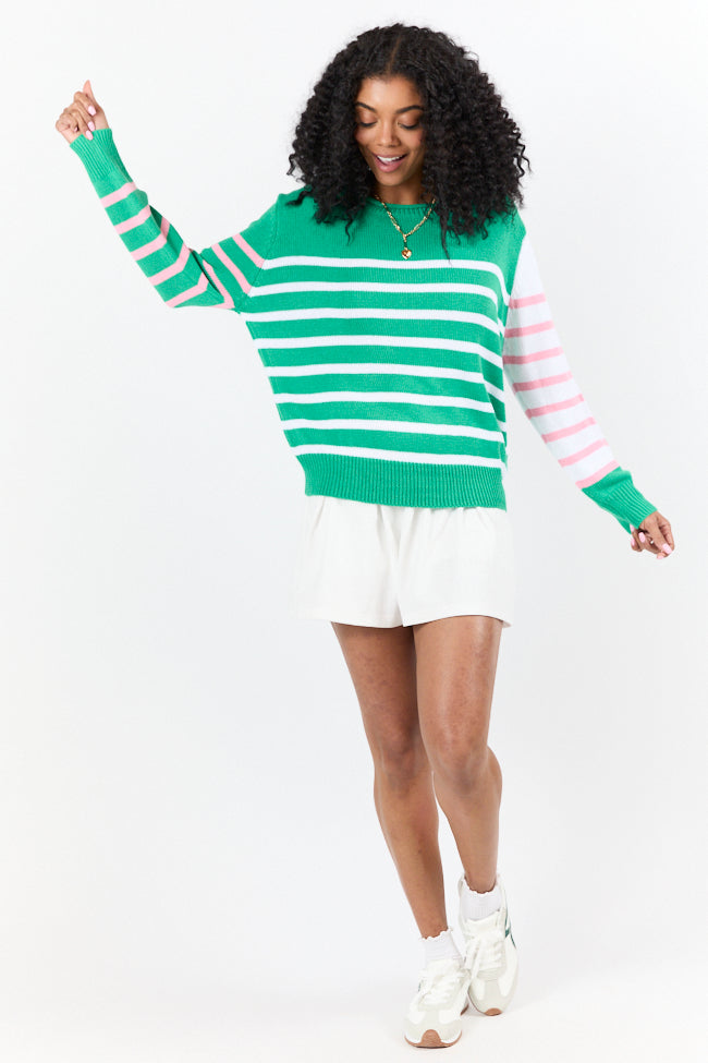 Coastal Prep Green and Pink Color Block Crew Neck Sweater FINAL SALE - Image 2