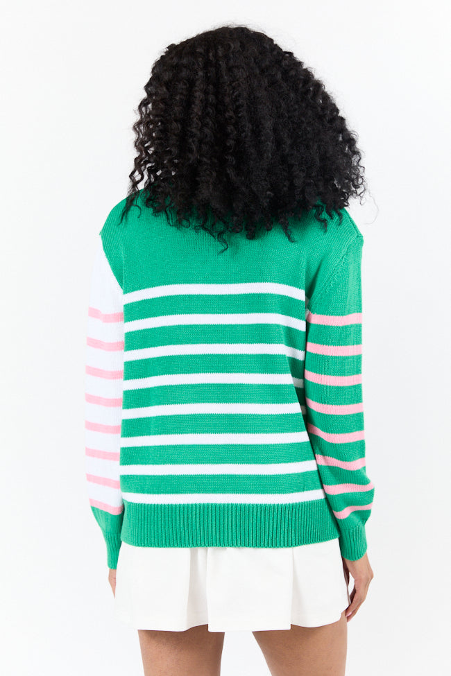 Coastal Prep Green and Pink Color Block Crew Neck Sweater FINAL SALE - Image 4