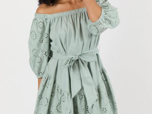 Set The Sage Eyelet Off The Shoulder Dress FINAL SALE