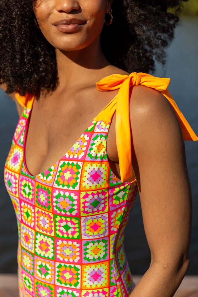 Sweet Life Multi Tie Strap Crochet Print One Piece Swimsuit FINAL SALE - Image 3