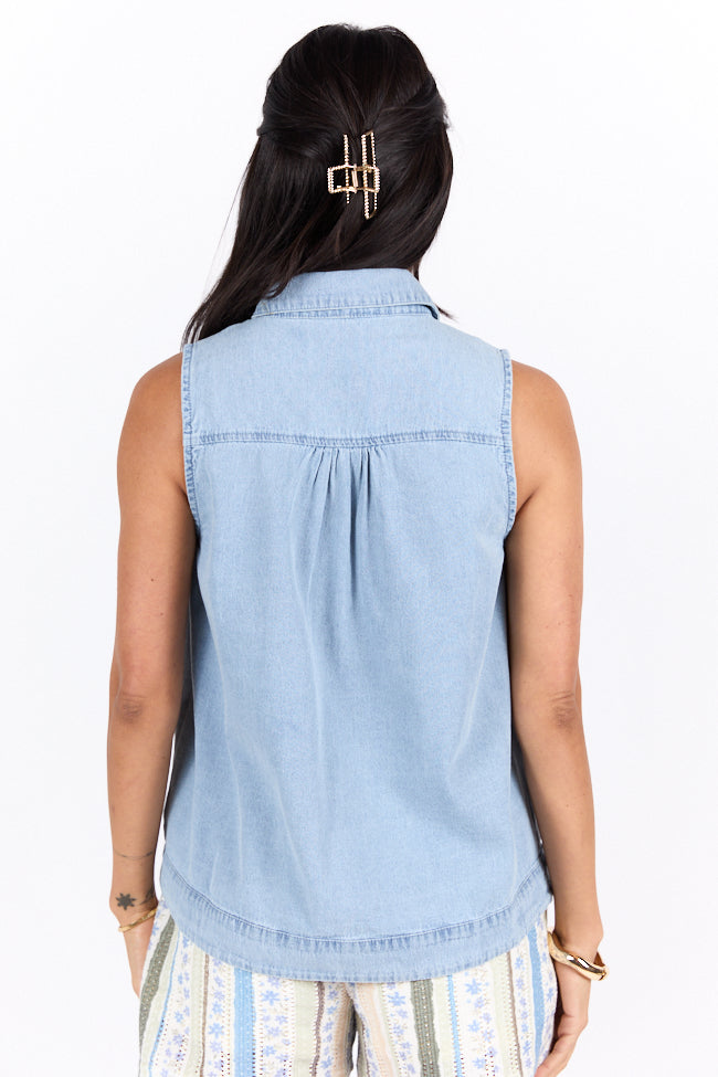 Smooth Sailing Light Wash Sleeveless Collared Chambray Tank FINAL SALE - Image 5