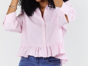 In Depth Pink Ruffle Hem Textured Stripe Button Down Top FINAL SALE