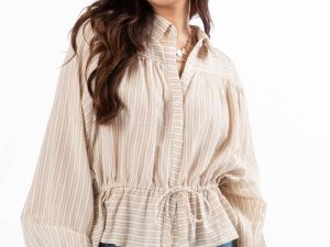My Hands Are Tied Tan Striped Drawstring Button Down Blouse FINAL SALE