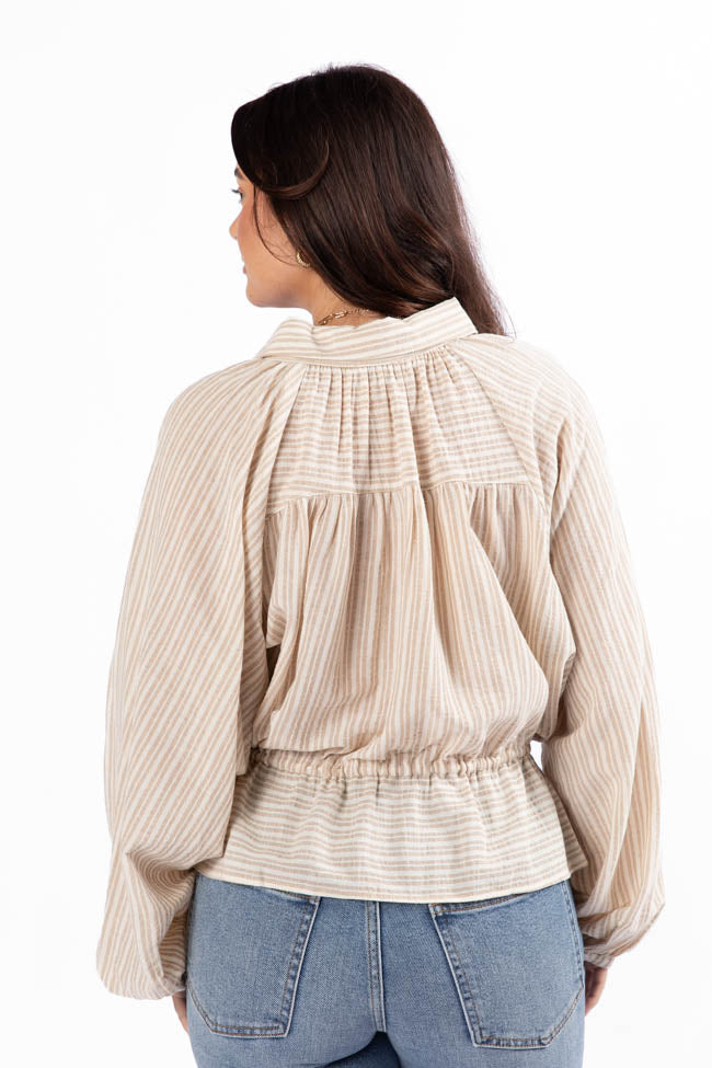 My Hands Are Tied Tan Striped Drawstring Button Down Blouse FINAL SALE - Image 5