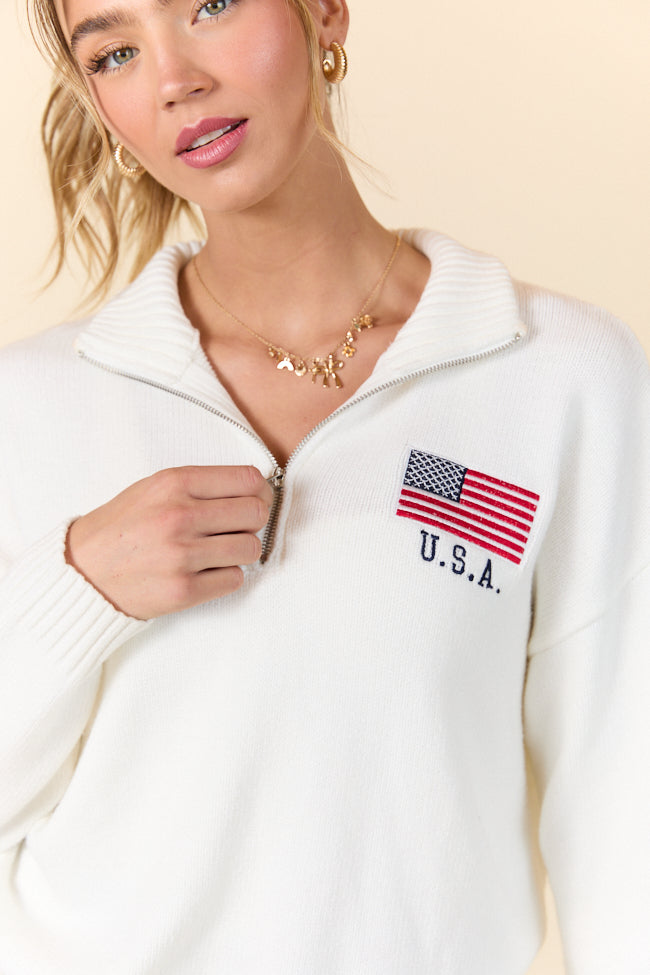 Fly High Cream American Flag Embroidered Quarter Zip Pullover FINAL SALE - Image 5