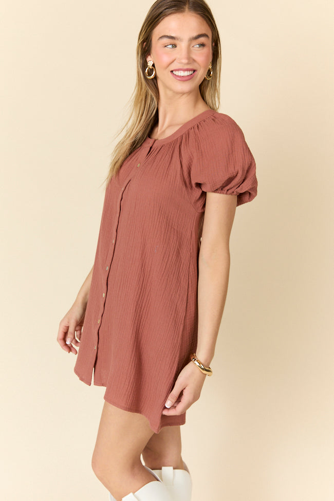 Life Of The Party Brown Gauze Short Sleeve Mini Dress FINAL SALE - Image 4
