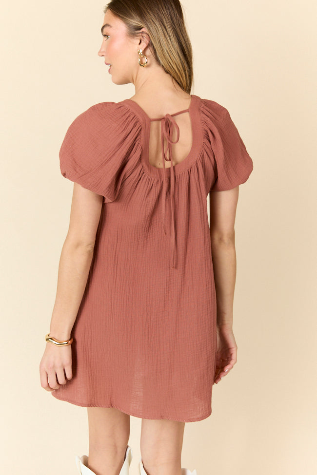 Life Of The Party Brown Gauze Short Sleeve Mini Dress FINAL SALE - Image 5