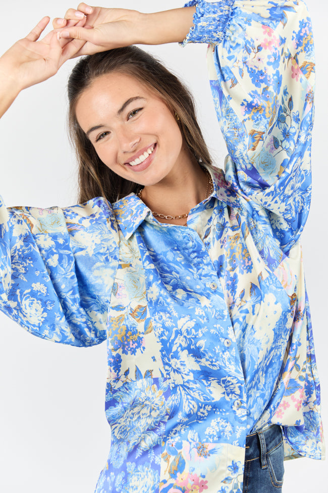 I've Been Waiting Blue Floral Patch Print Satin Button Down Blouse FINAL SALE - Image 2