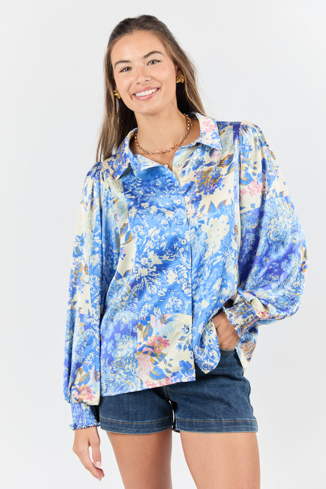 I've Been Waiting Blue Floral Patch Print Satin Button Down Blouse FINAL SALE - Image 3