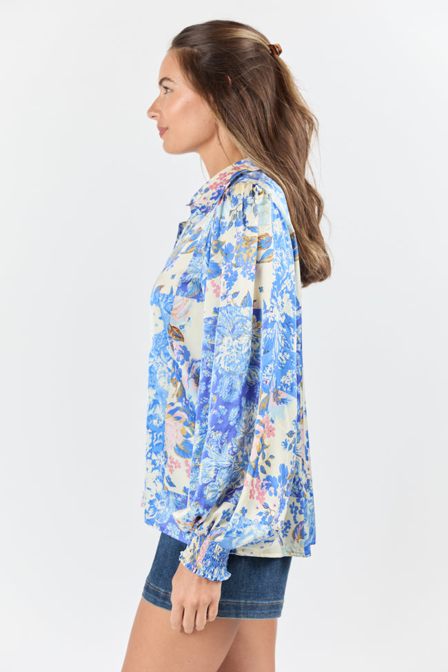 I've Been Waiting Blue Floral Patch Print Satin Button Down Blouse FINAL SALE - Image 5
