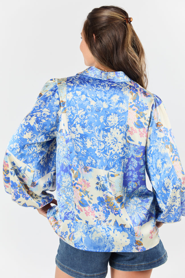 I've Been Waiting Blue Floral Patch Print Satin Button Down Blouse FINAL SALE - Image 6