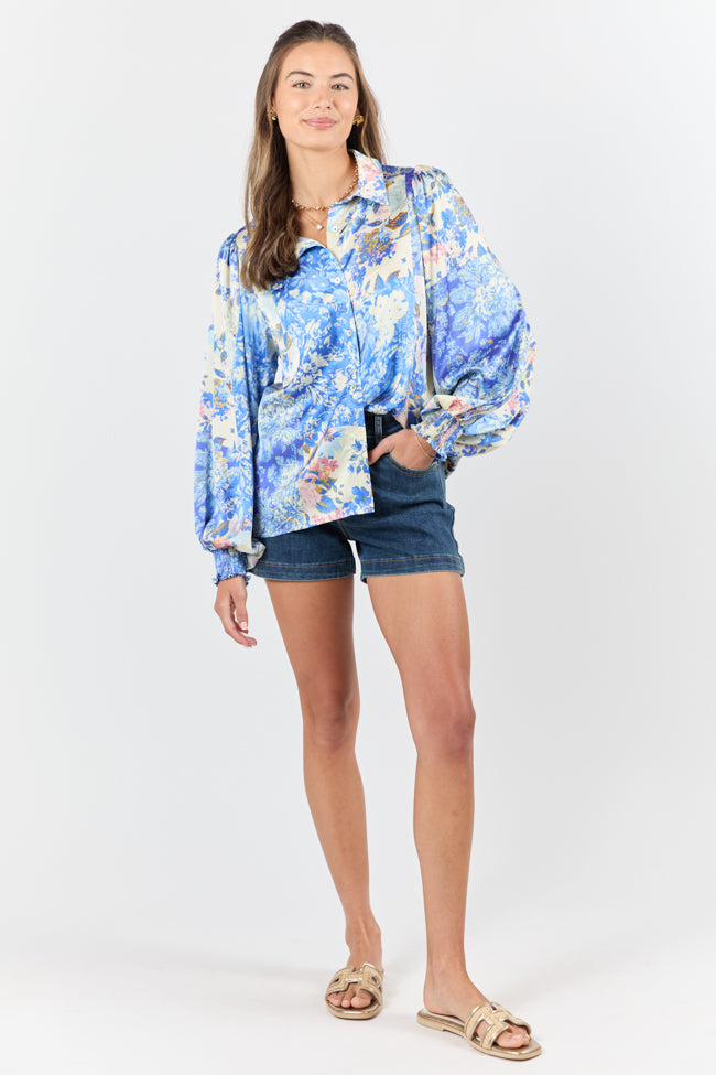 I've Been Waiting Blue Floral Patch Print Satin Button Down Blouse FINAL SALE - Image 4