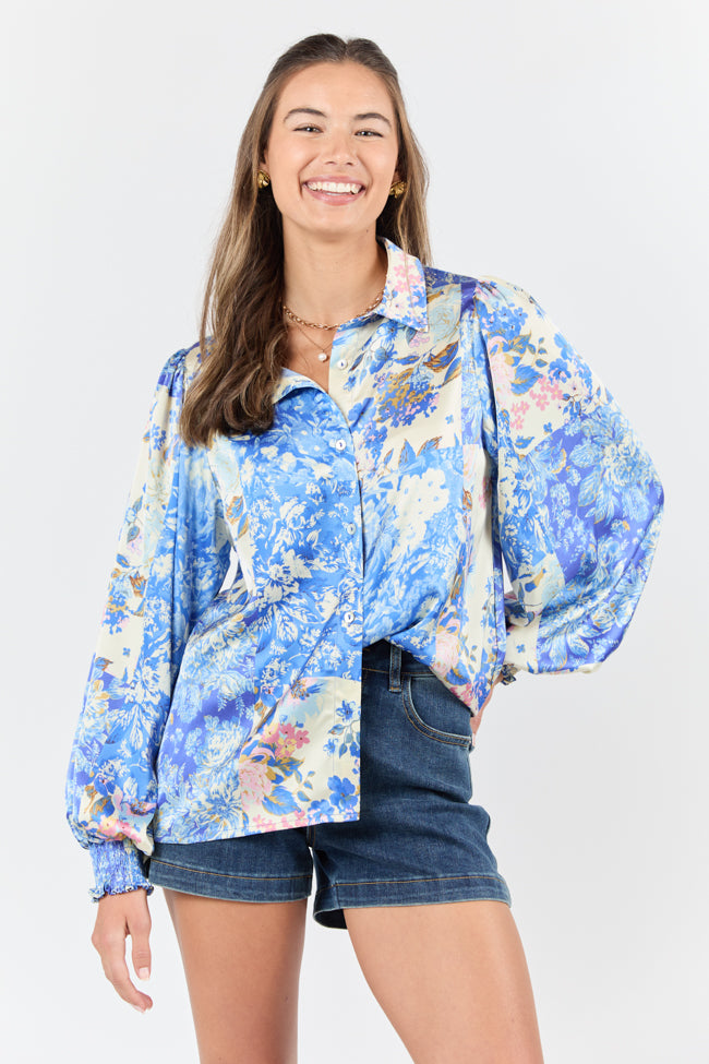 I've Been Waiting Blue Floral Patch Print Satin Button Down Blouse FINAL SALE