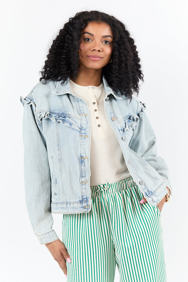 Told You So Light Wash Ruffle Trim Denim Jacket FINAL SALE - Image 3