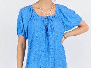On A Whim Blue Knit Eyelet Short Sleeve Dress FINAL SALE