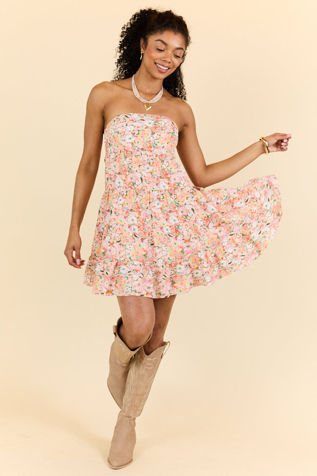 Sweet Thing Strapless Pink and Peach Printed Mini Dress FINAL SALE