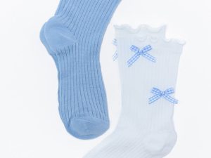 White and Blue Gingham Bow Sock Set FINAL SALE