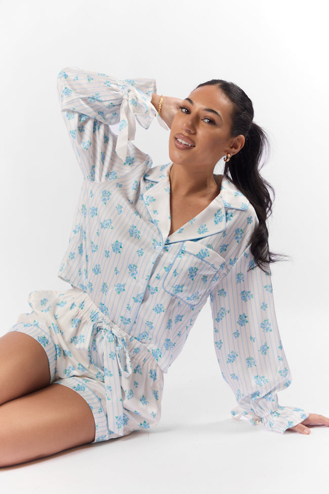 Sleep On My Side Blue Floral Satin Long Sleeve Pajama Top FINAL SALE