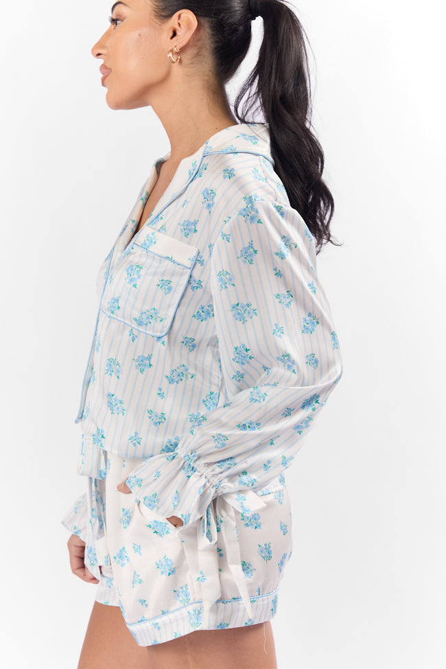 Sleep On My Side Blue Floral Satin Long Sleeve Pajama Top FINAL SALE - Image 5