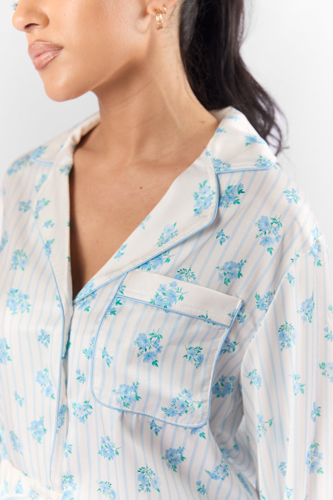 Sleep On My Side Blue Floral Satin Long Sleeve Pajama Top FINAL SALE - Image 4