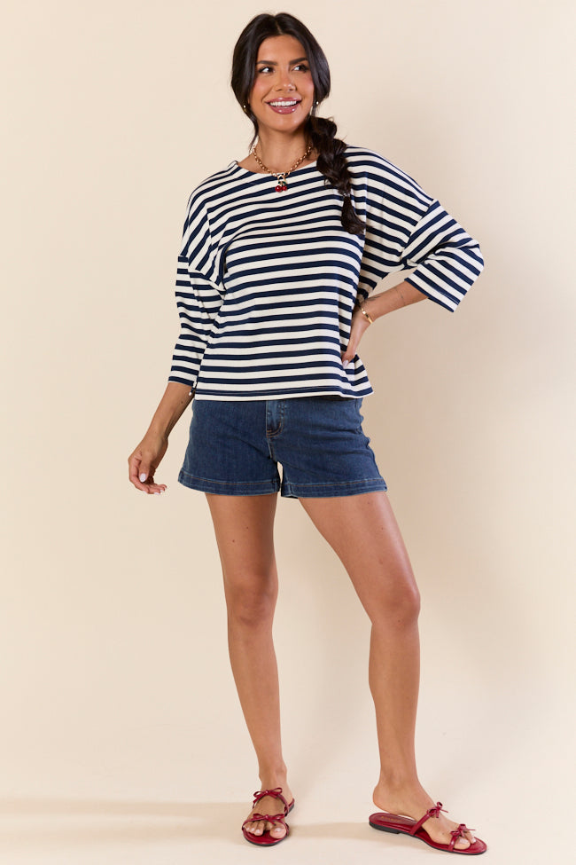 Bold Lines Navy Striped 3/4 Sleeve Knit Top FINAL SALE - Image 2