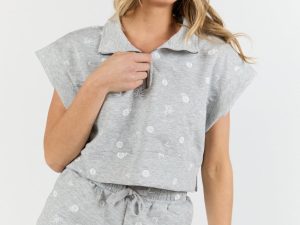 What A Catch Grey Floral Embroidered Half Zip Top FINAL SALE