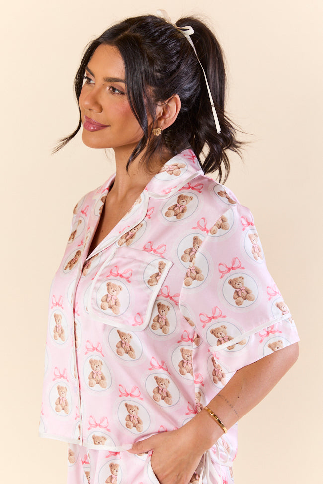 Snuggled Up Teddy Bear Printed Contrast Tie Detail Satin Short Sleeve Pajama Top FINAL SALE - Image 6