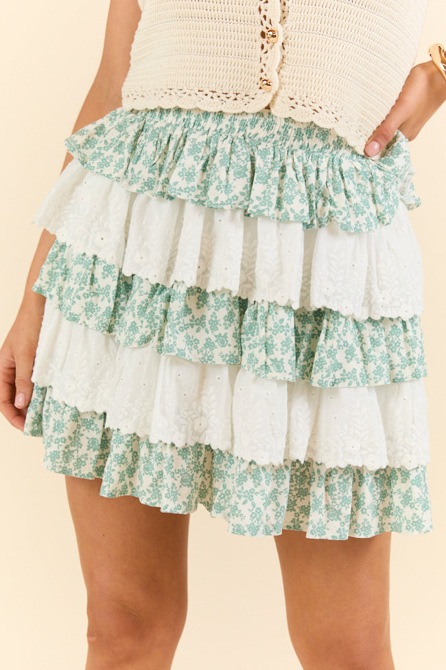 Best Memory Sage and Ivory Floral Tiered Ruffle Skort FINAL SALE